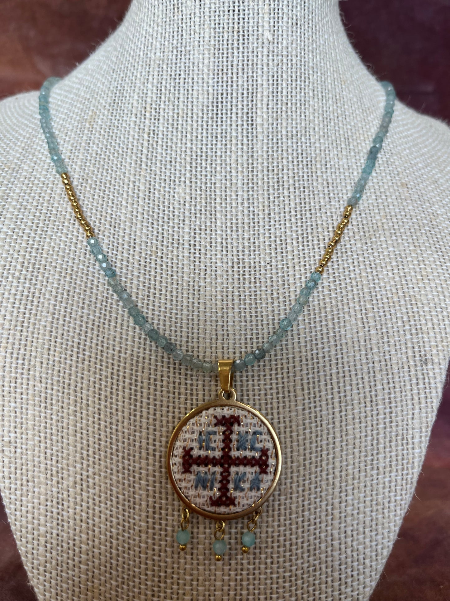 Hand embroidered cross stitch pendant ICXC NIKA cross and amazonite necklace.