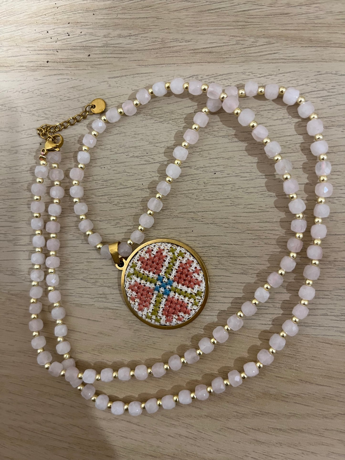 Hand embroidered cross stitch pendant - decorative cross and rose quartz necklace
