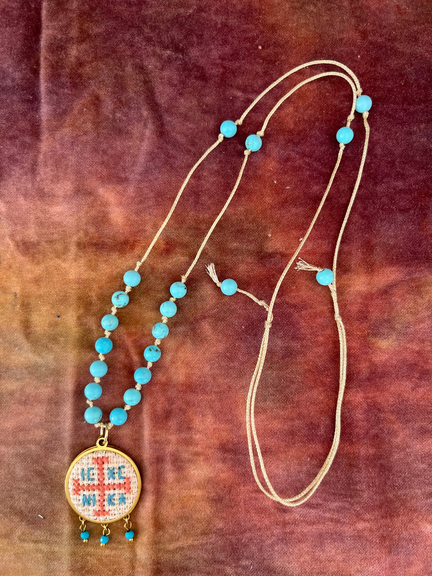 Hand embroidered cross stitch pendant and knotted bead necklace - decorative cross IC XC NIKA.