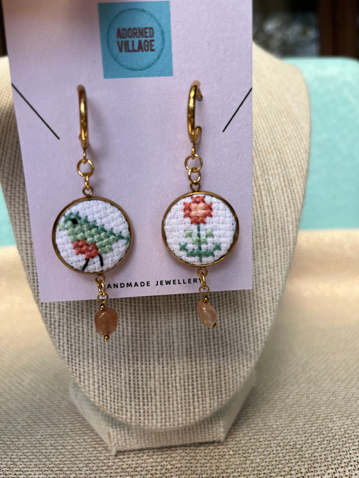 Hand embroidered cross stitch earrings - Spring
