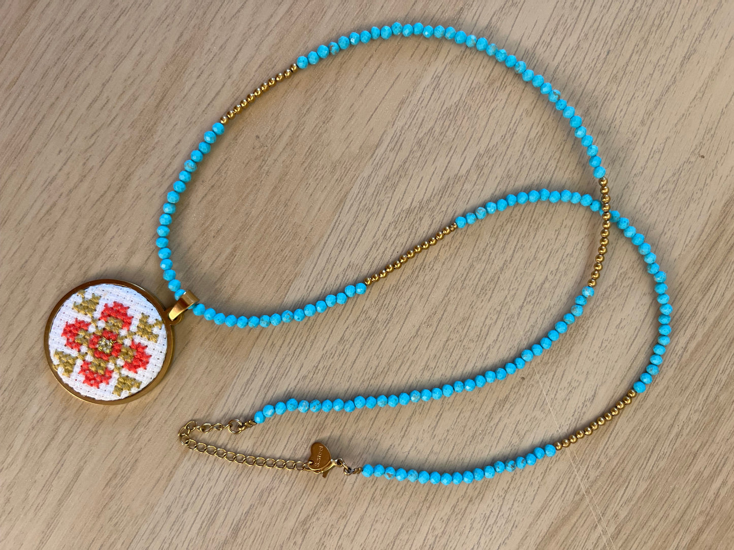 Hand embroidered cross stitch pendant - floral cross and turquoise necklace