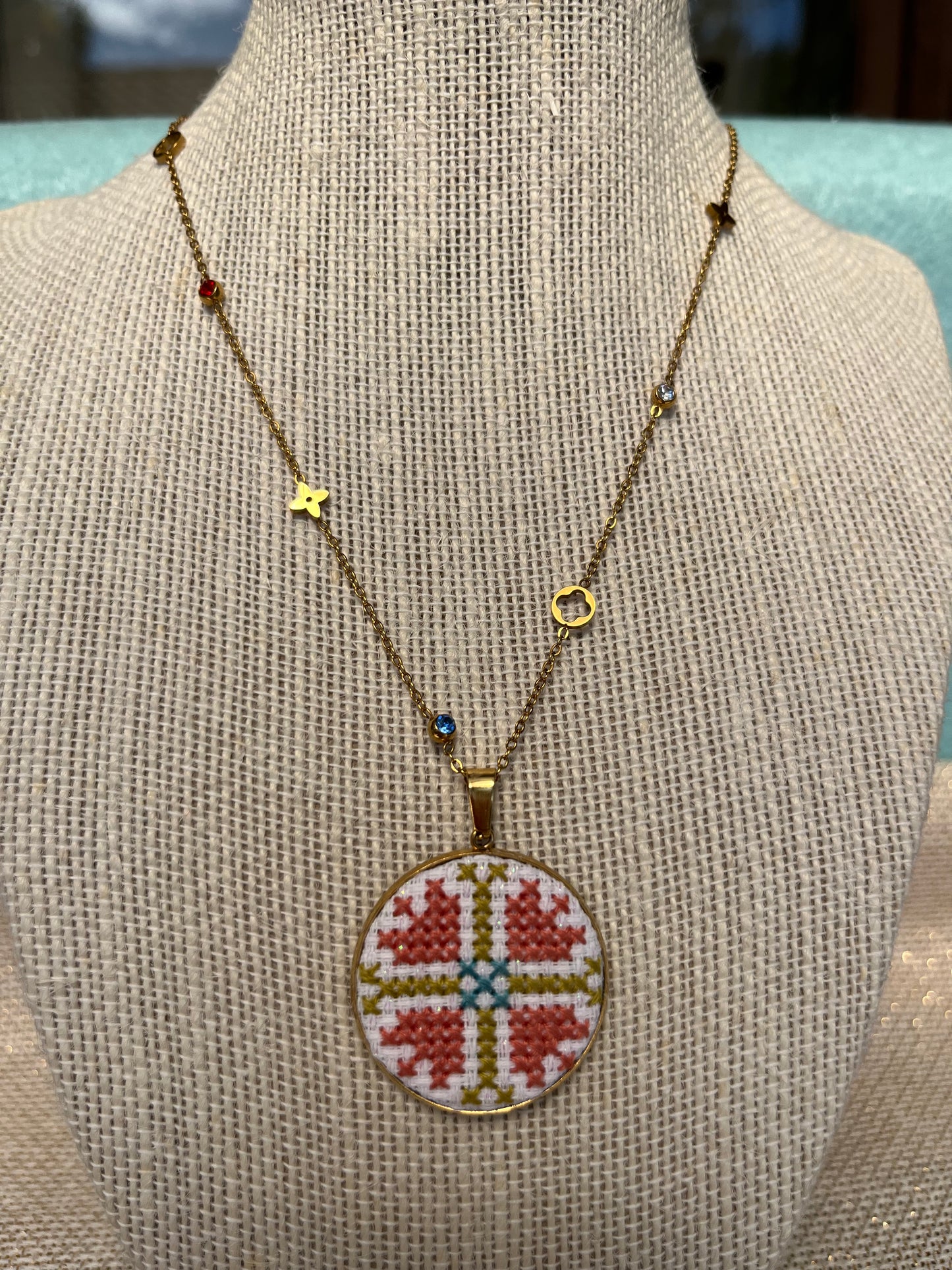 Hand embroidered cross stitch pendant and chain - Floral Cross