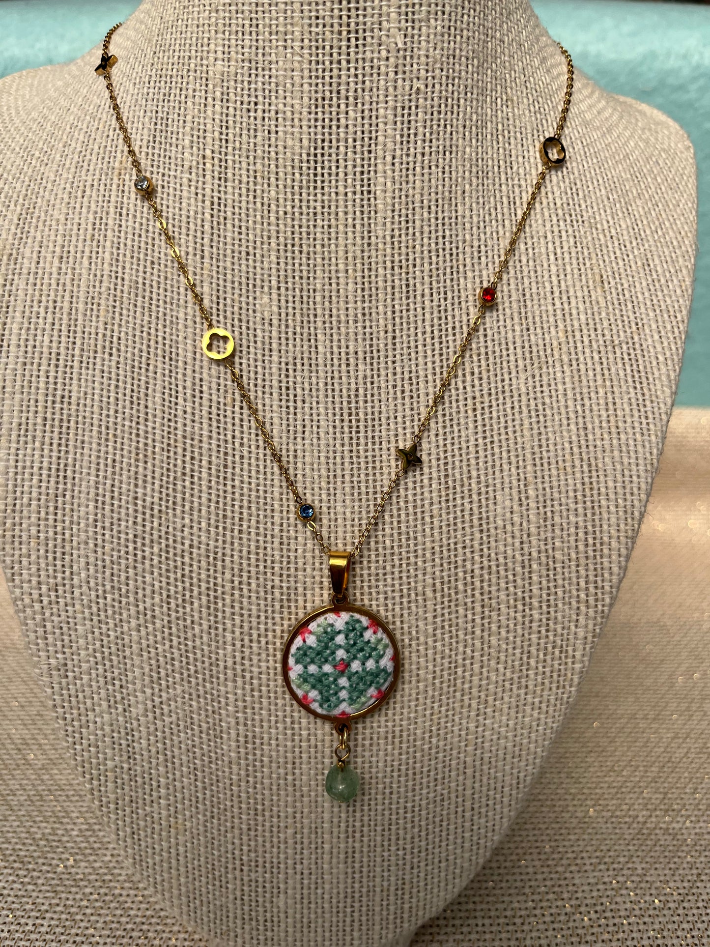 Hand embroidered cross stitch pendant and chain - Four leaf clover