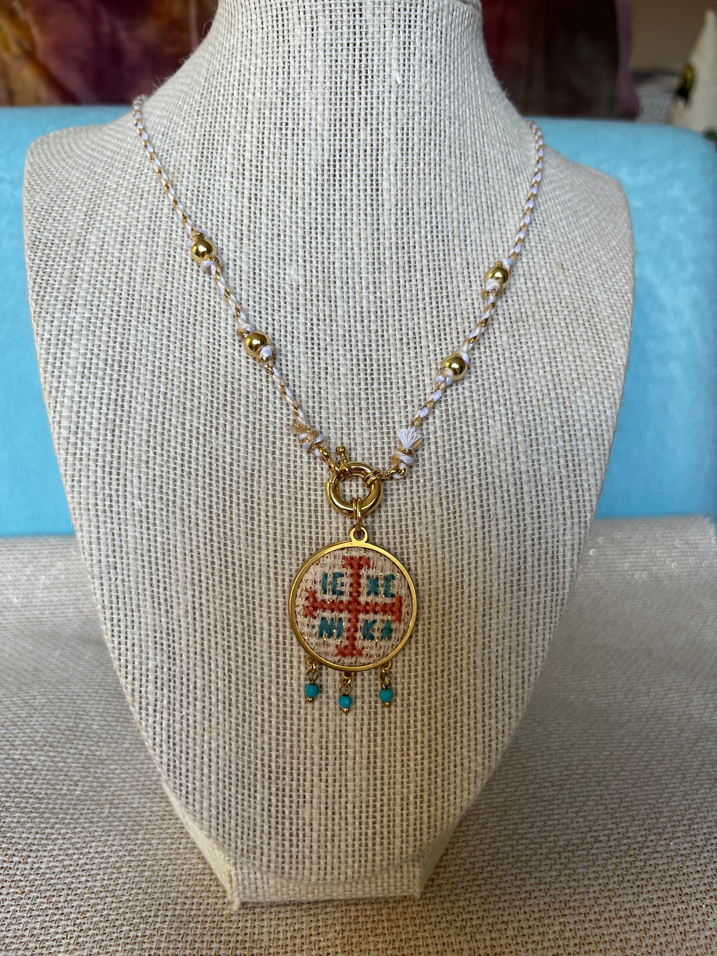 Hand embroidered cross stitch pendant and knotted necklace - decorative cross IC XC NIKA.