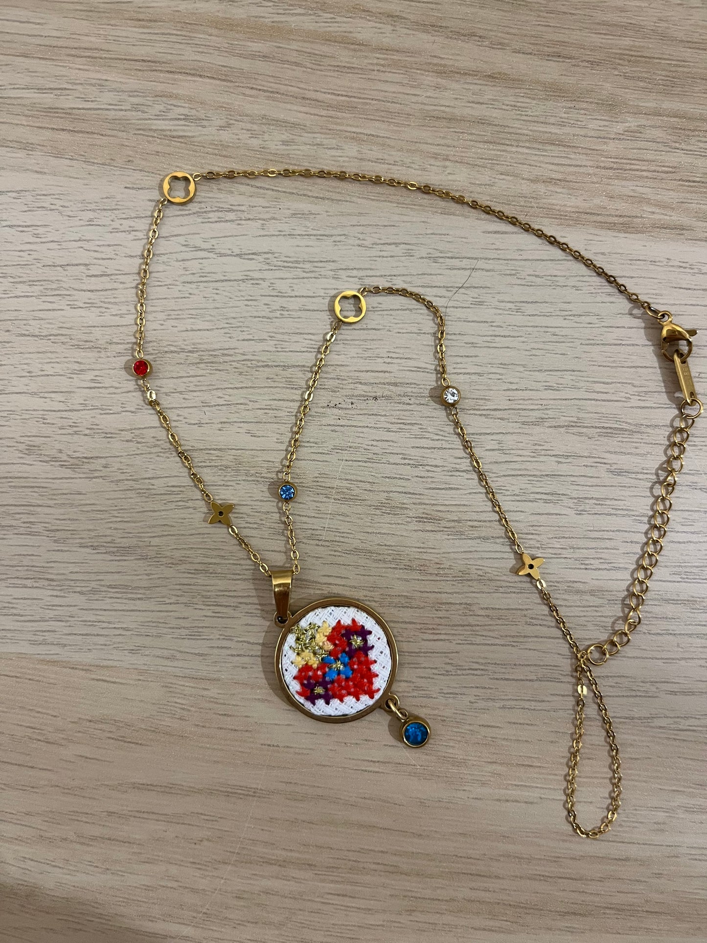 Hand embroidered cross stitch pendant and chain - sacred heart