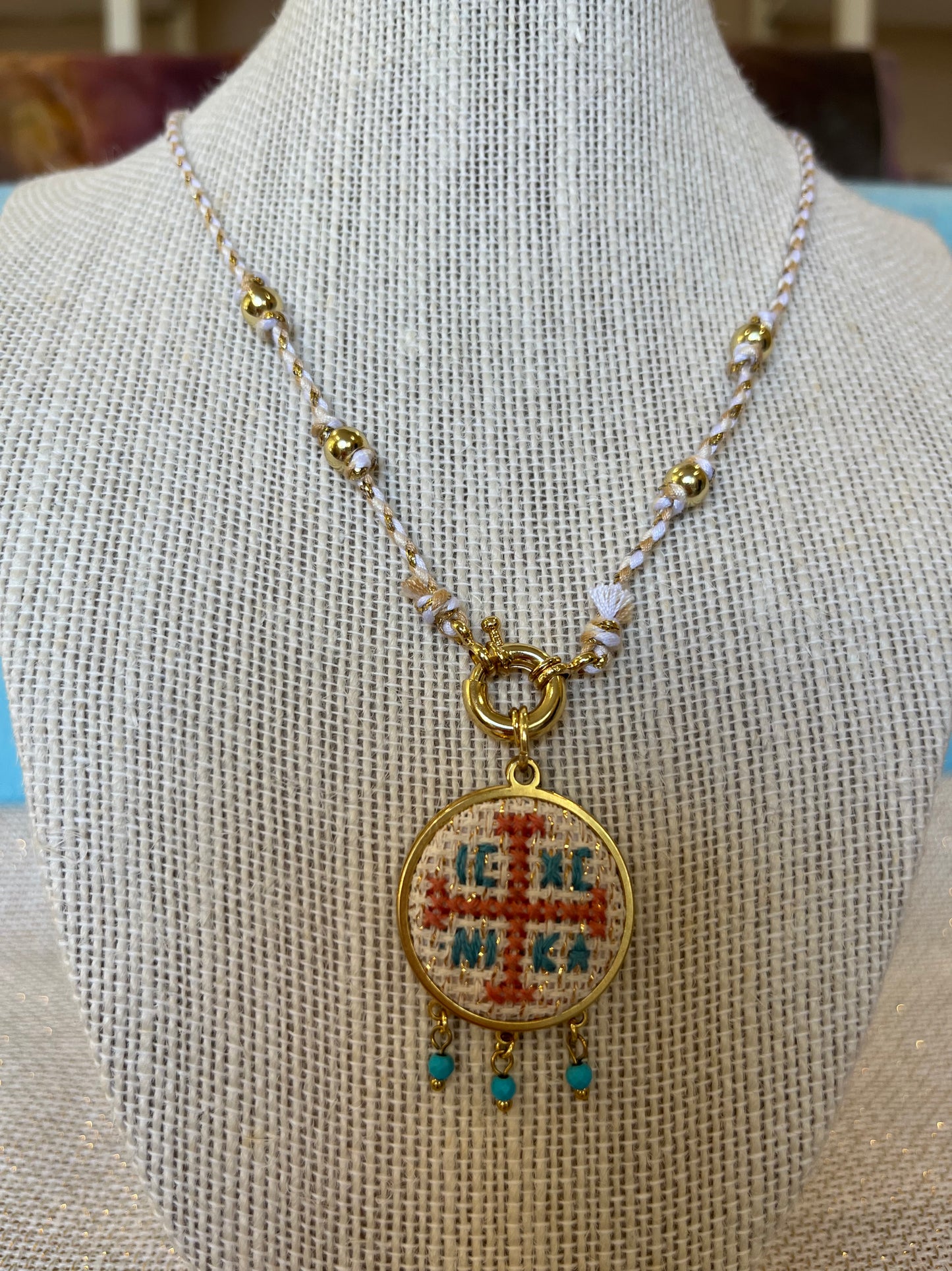 Hand embroidered cross stitch pendant and knotted necklace - decorative cross IC XC NIKA.