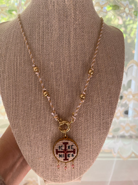 Hand embroidered cross stitch pendant and knotted necklace - decorative cross IC XC NIKA pink