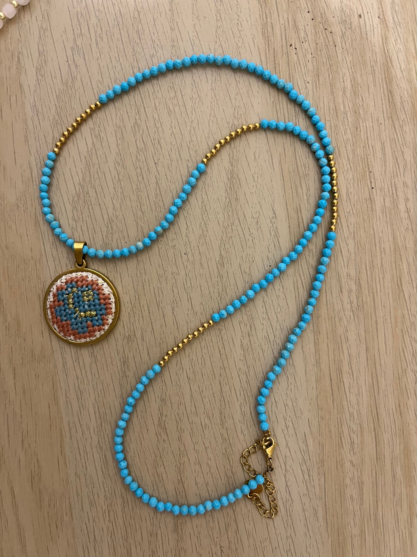 Hand embroidered cross stitch pendant - ‘rose’  and turquoise necklace
