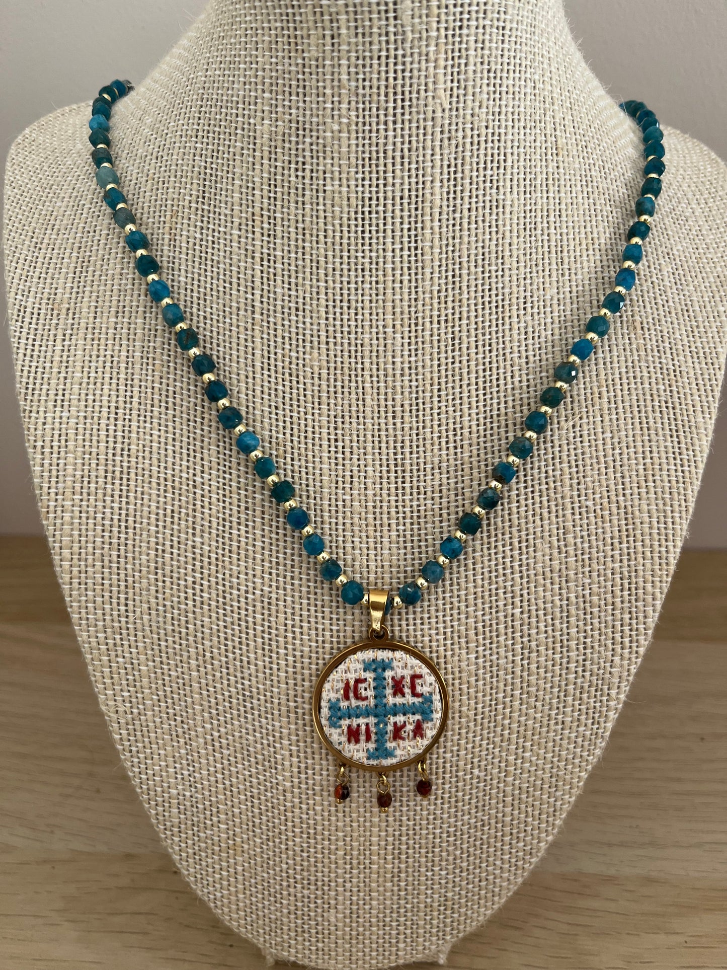 Hand embroidered cross stitch pendant and apatite beaded necklace - decorative cross IC XC NIKA.