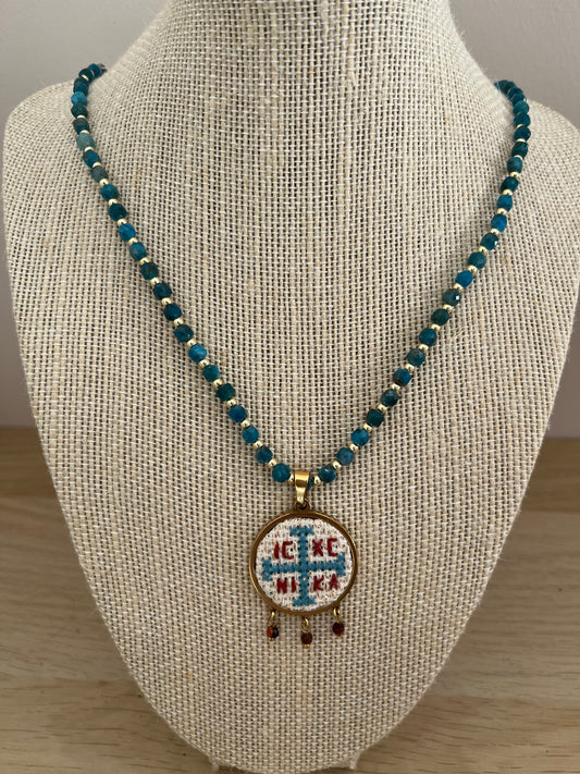 Hand embroidered cross stitch pendant and apatite beaded necklace - decorative cross IC XC NIKA.