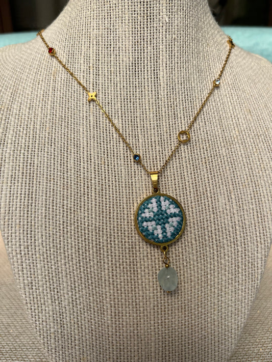 Hand embroidered cross stitch pendant and chain - Compass