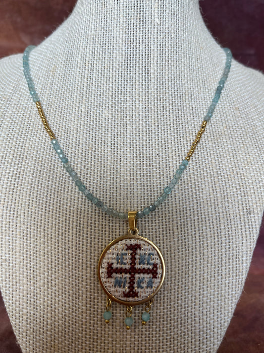 Hand embroidered cross stitch pendant ICXC NIKA cross and amazonite necklace.