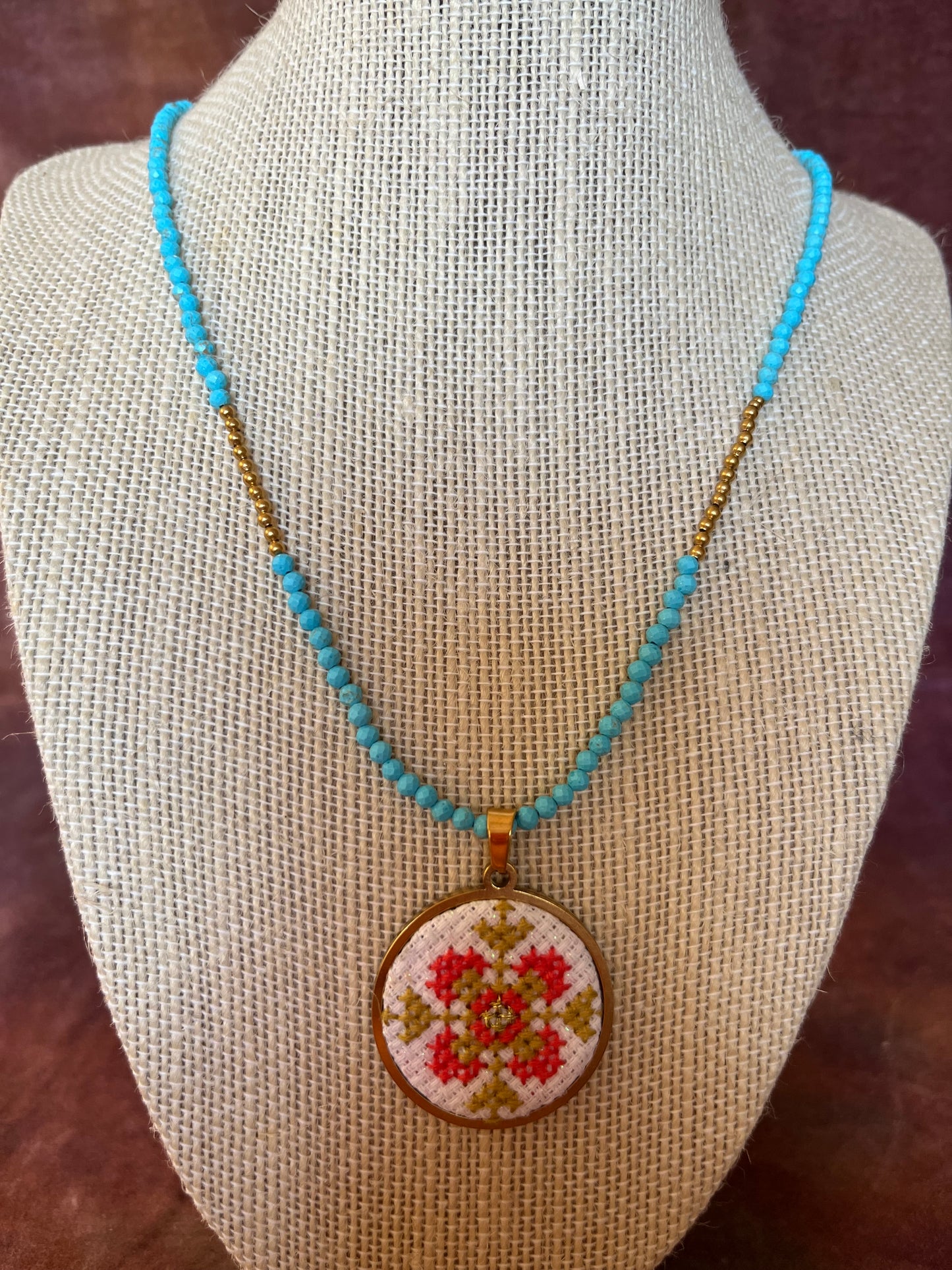 Hand embroidered cross stitch pendant - floral cross and turquoise necklace