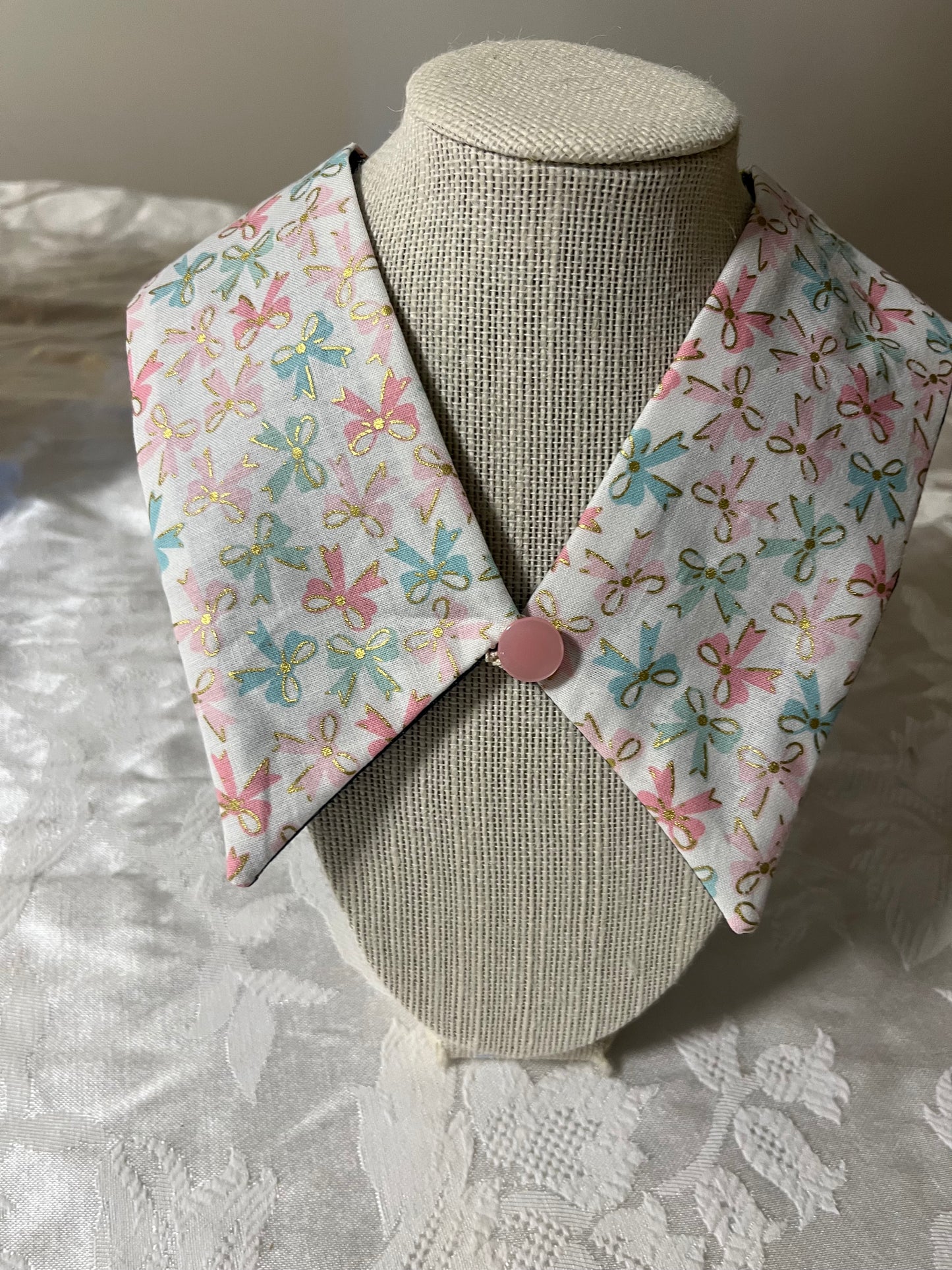 Handmade detachable collars, Christmas trees, Bows, and Vintage embroidery.