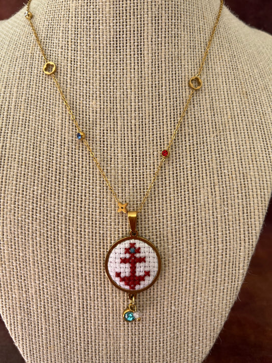 Hand embroidered cross stitch pendant and chain - anchor red