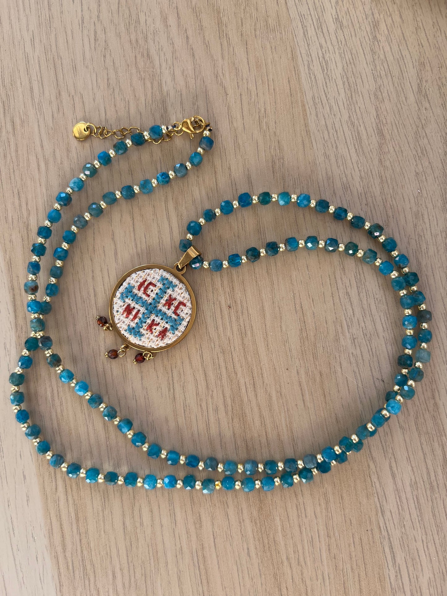Hand embroidered cross stitch pendant and apatite beaded necklace - decorative cross IC XC NIKA.