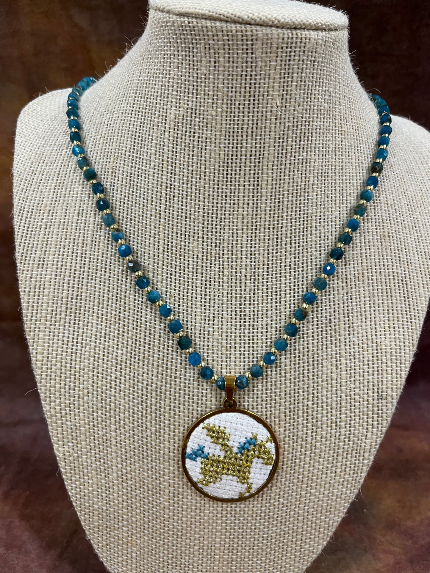 Hand embroidered cross stitch pendant - ‘pegasus’ and apatite  necklace