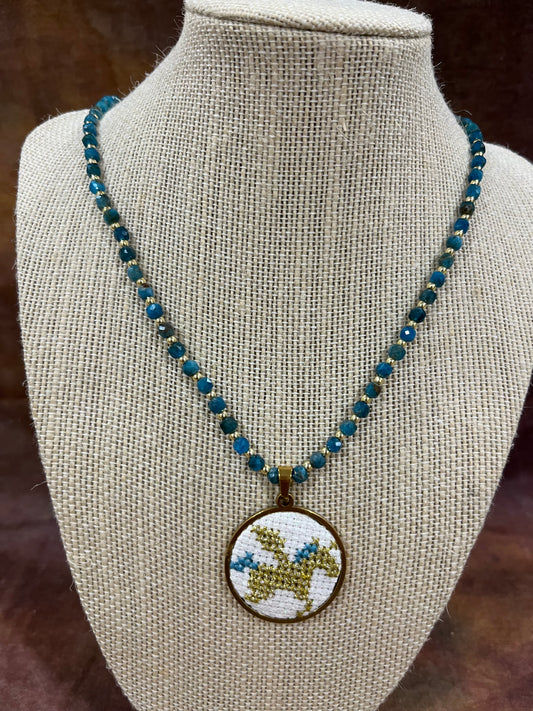 Hand embroidered cross stitch pendant - ‘pegasus’ and apatite  necklace