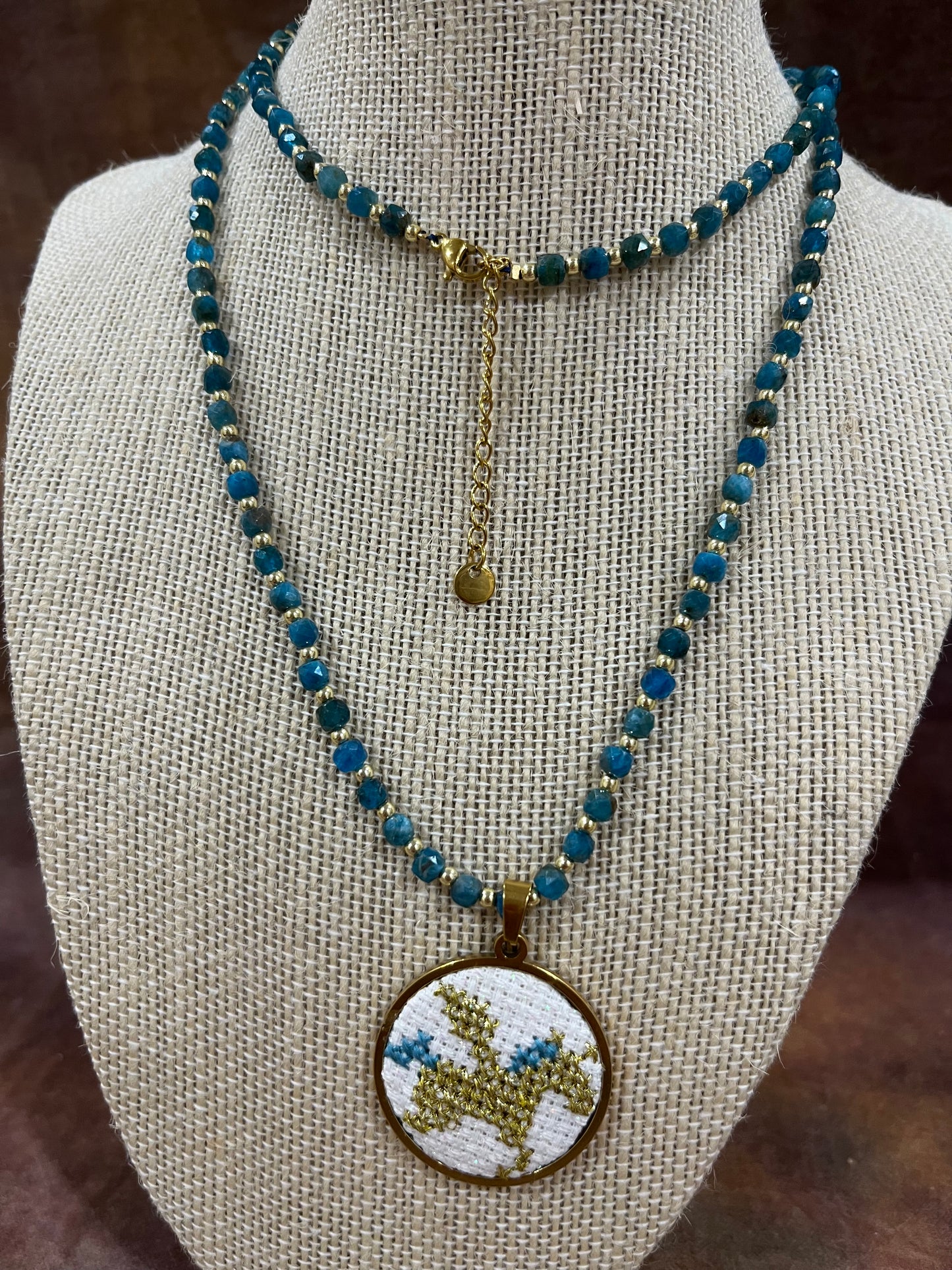 Hand embroidered cross stitch pendant - ‘pegasus’ and apatite  necklace
