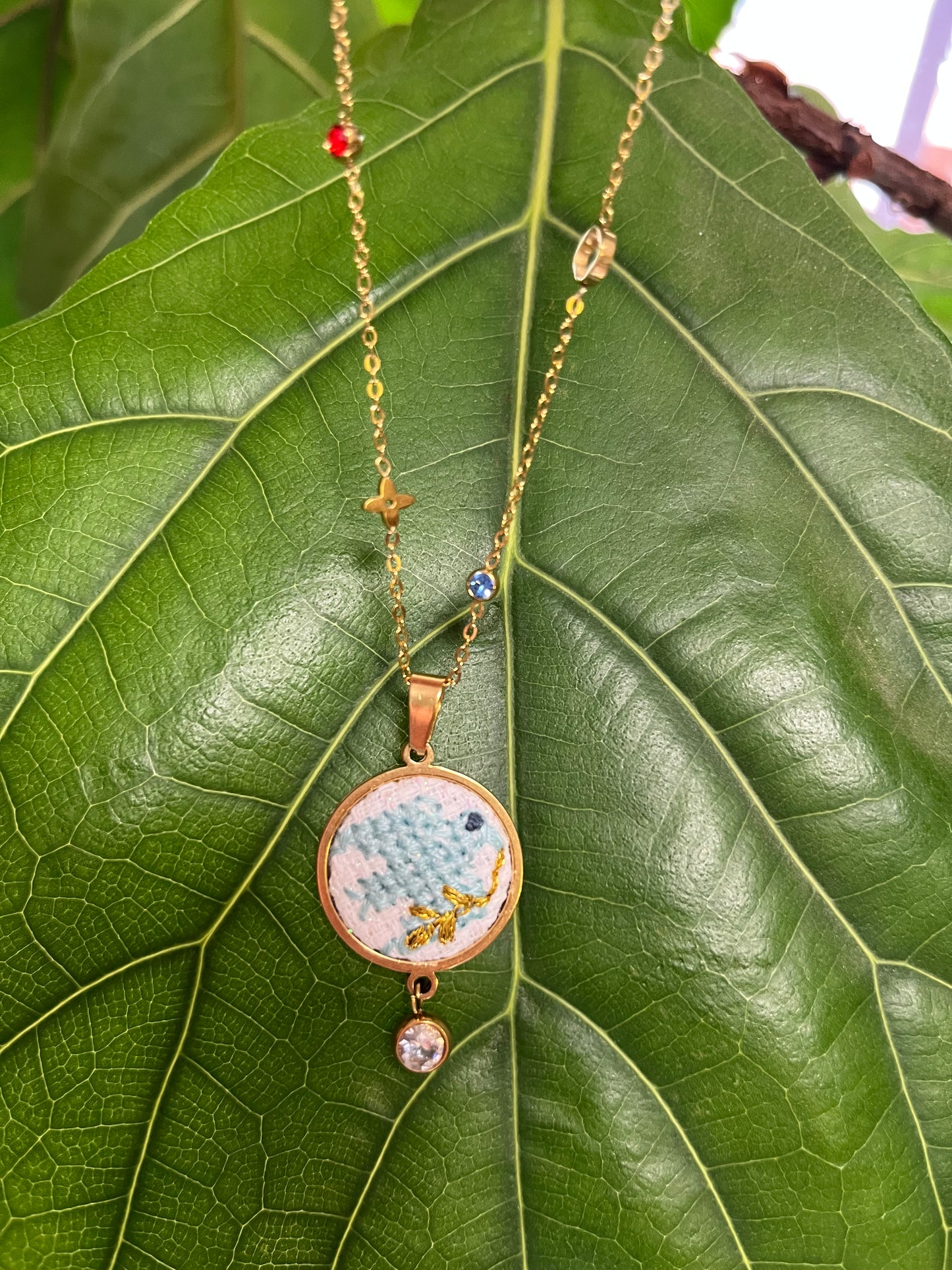 Hand embroidered cross stitch pendant and chain - Peace Dove