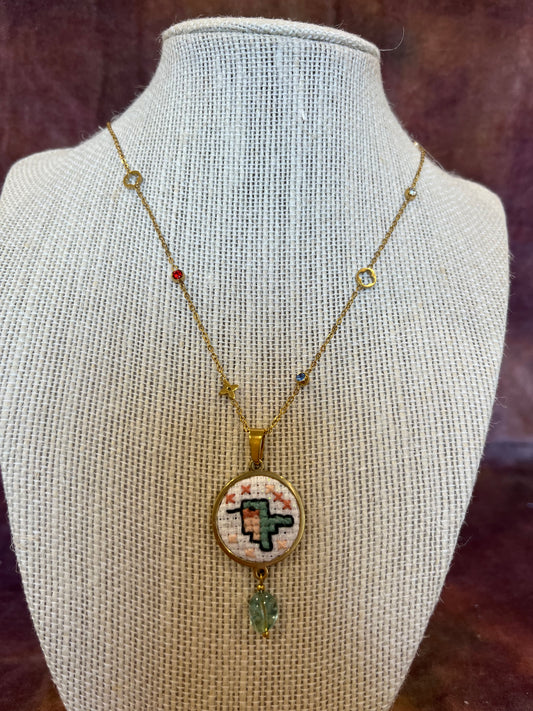 Hand embroidered cross stitch pendant and chain - hummingbird