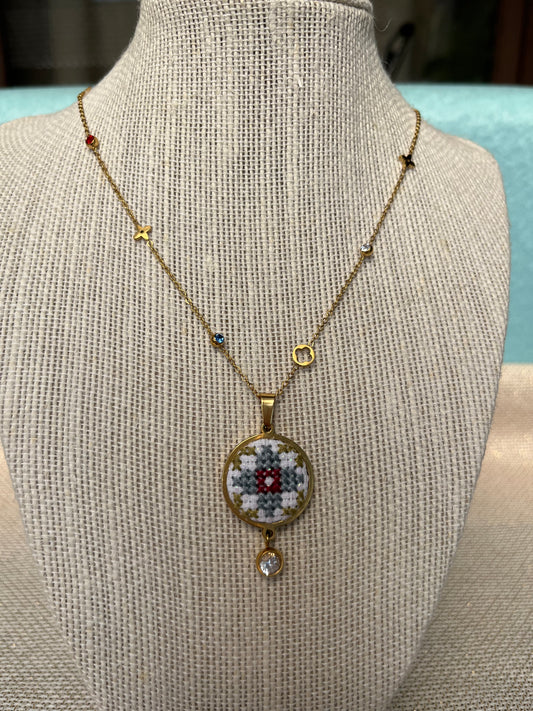 Hand embroidered cross stitch pendant and chain - Decorative Cross