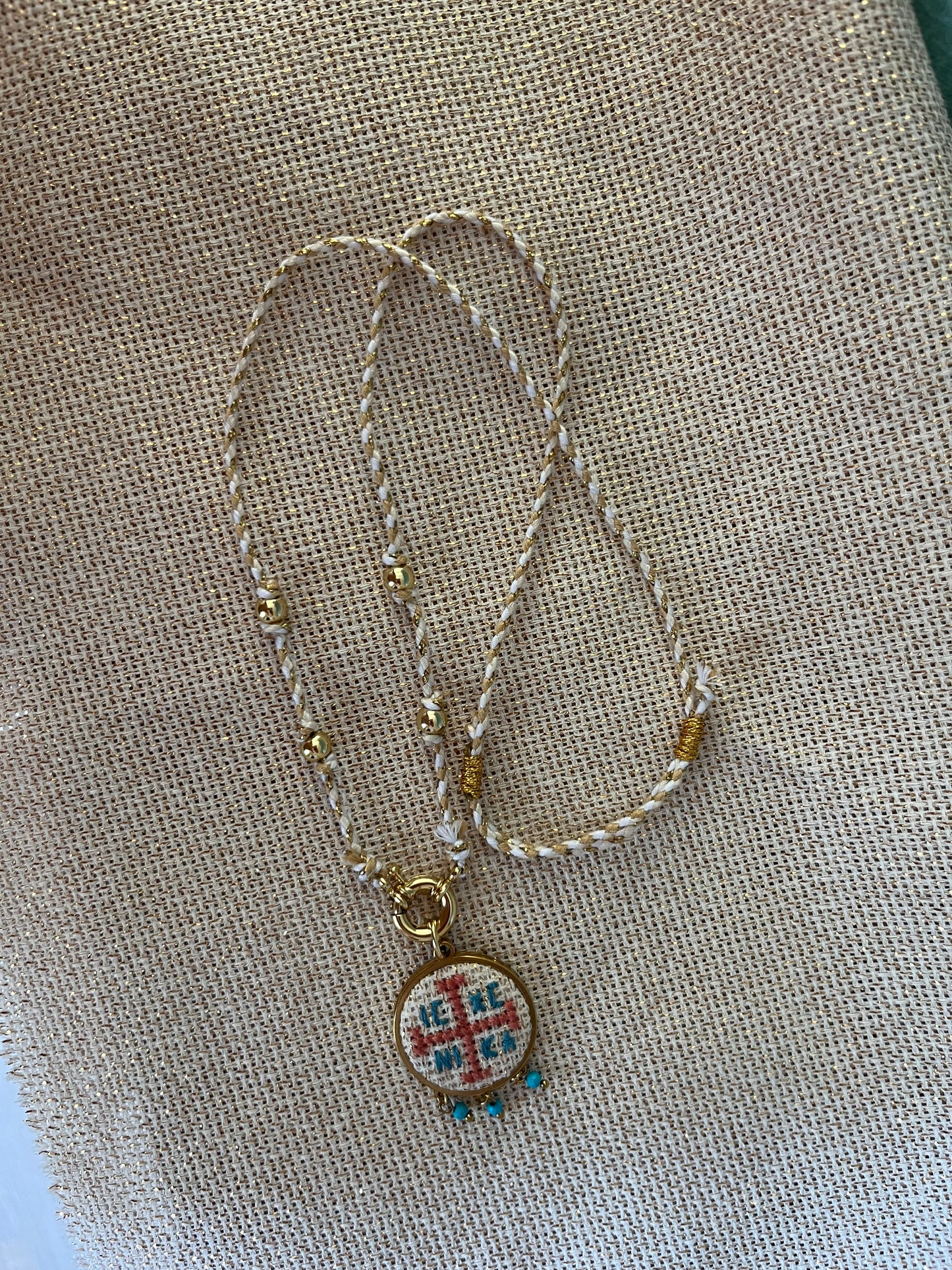Hand embroidered cross stitch pendant and knotted necklace - decorative cross IC XC NIKA.