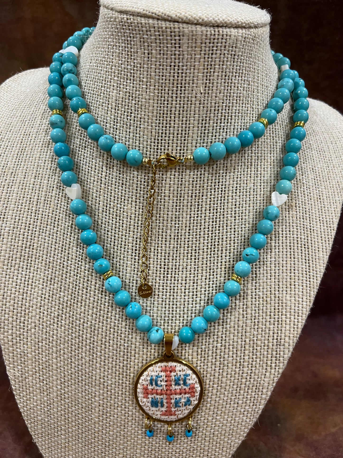 Hand embroidered cross stitch pendant and turquoise beaded necklace - decorative cross IC XC NIKA.