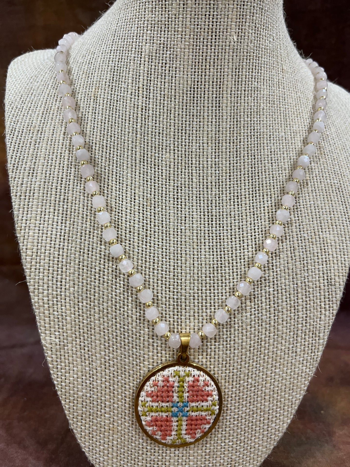 Hand embroidered cross stitch pendant - decorative cross and rose quartz necklace
