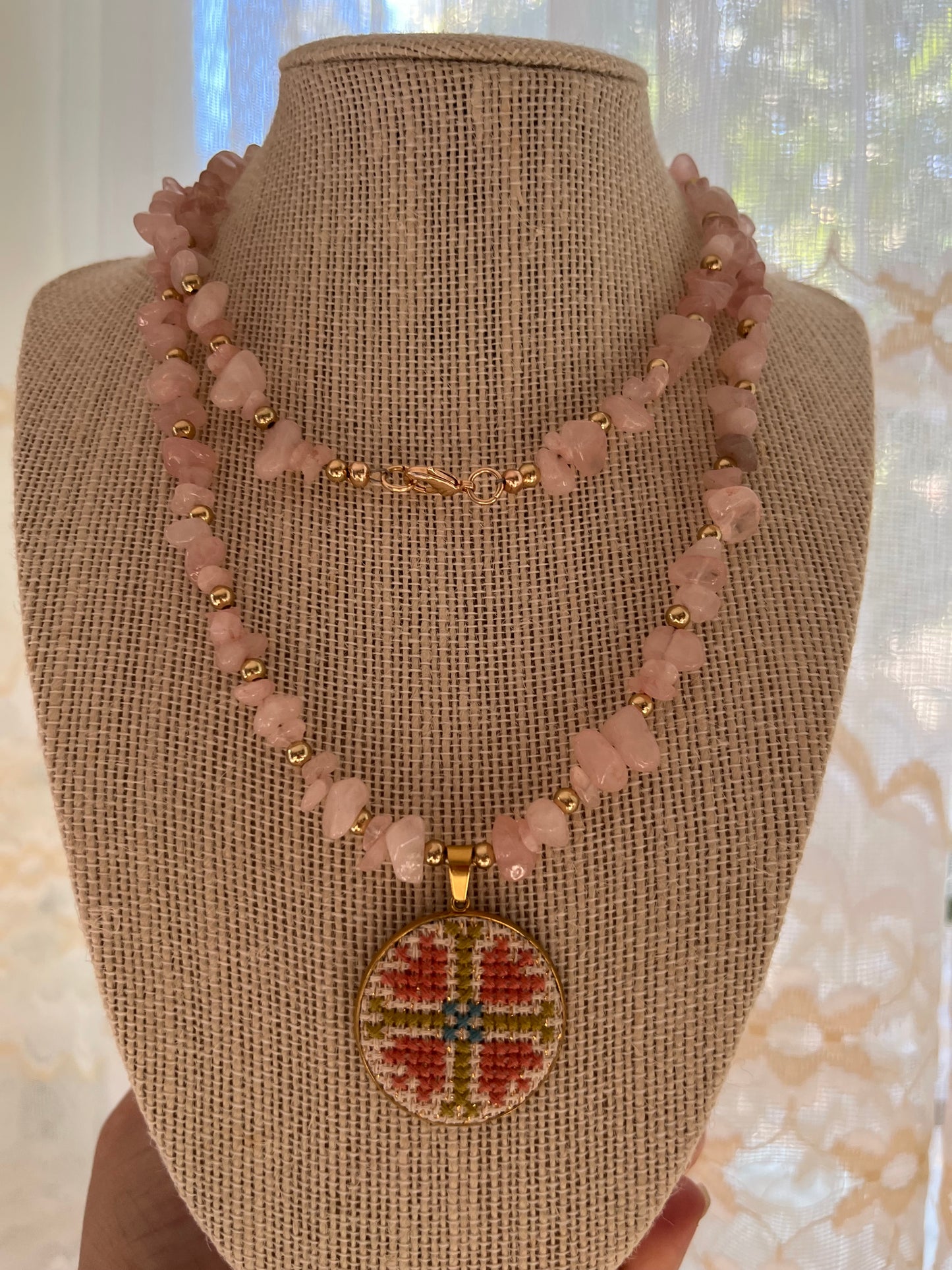 Hand embroidered cross stitch pendant and rose quartz necklace