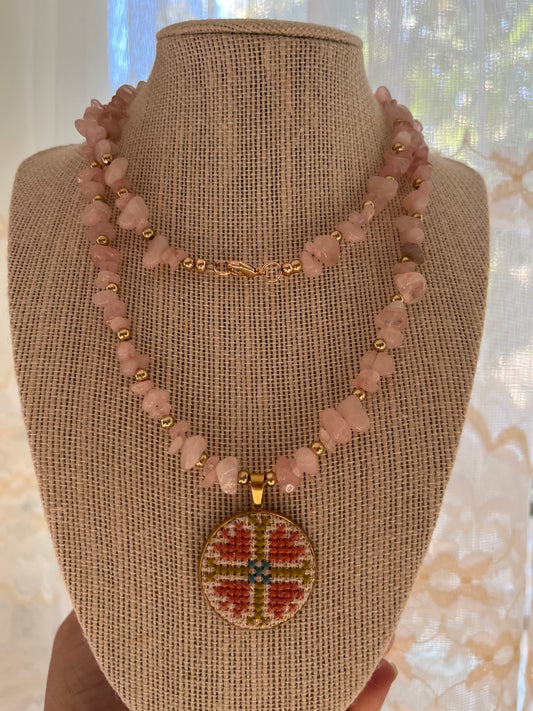 Hand embroidered cross stitch pendant and rose quartz necklace