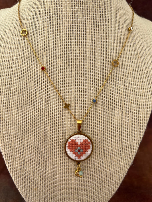 Hand embroidered cross stitch pendant and chain - heart with tiny cross