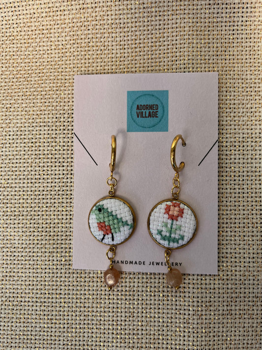 Hand embroidered cross stitch earrings - Spring