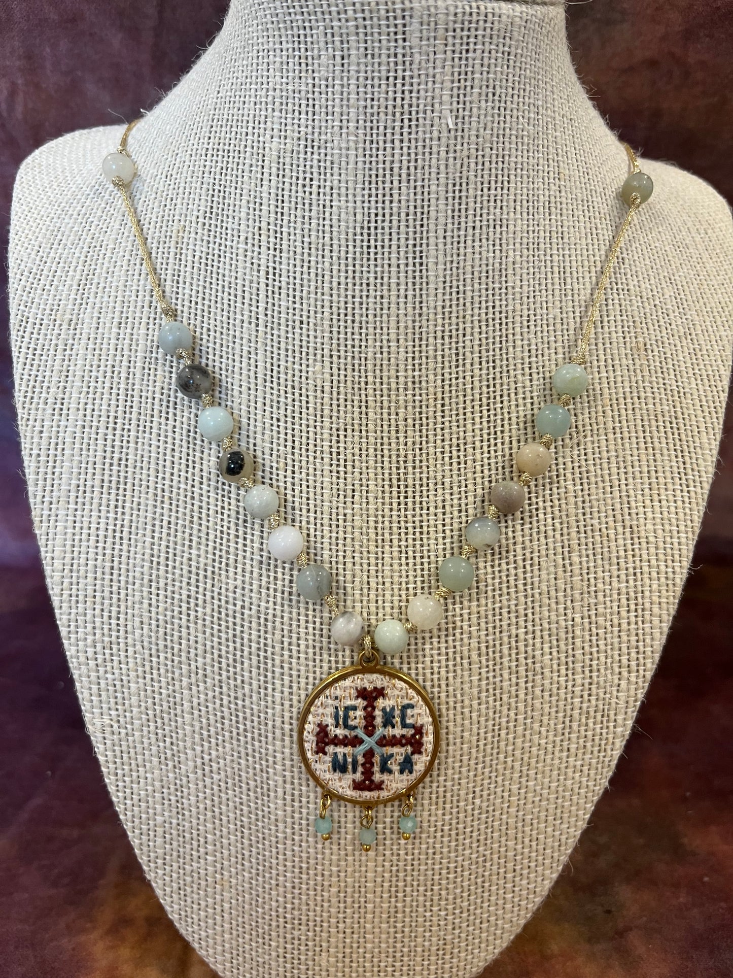 Hand embroidered cross stitch pendant and knotted bead necklace - decorative cross IC XC NIKA.