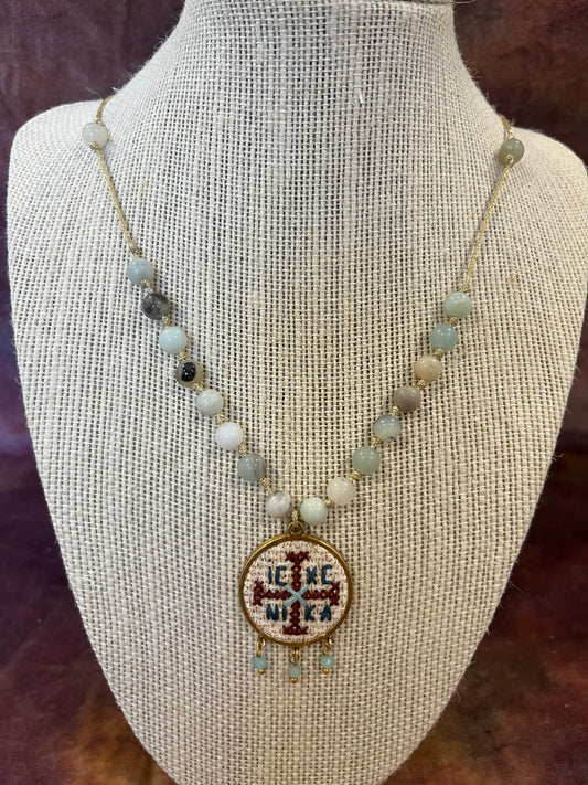 Hand embroidered cross stitch pendant and knotted bead necklace - decorative cross IC XC NIKA.