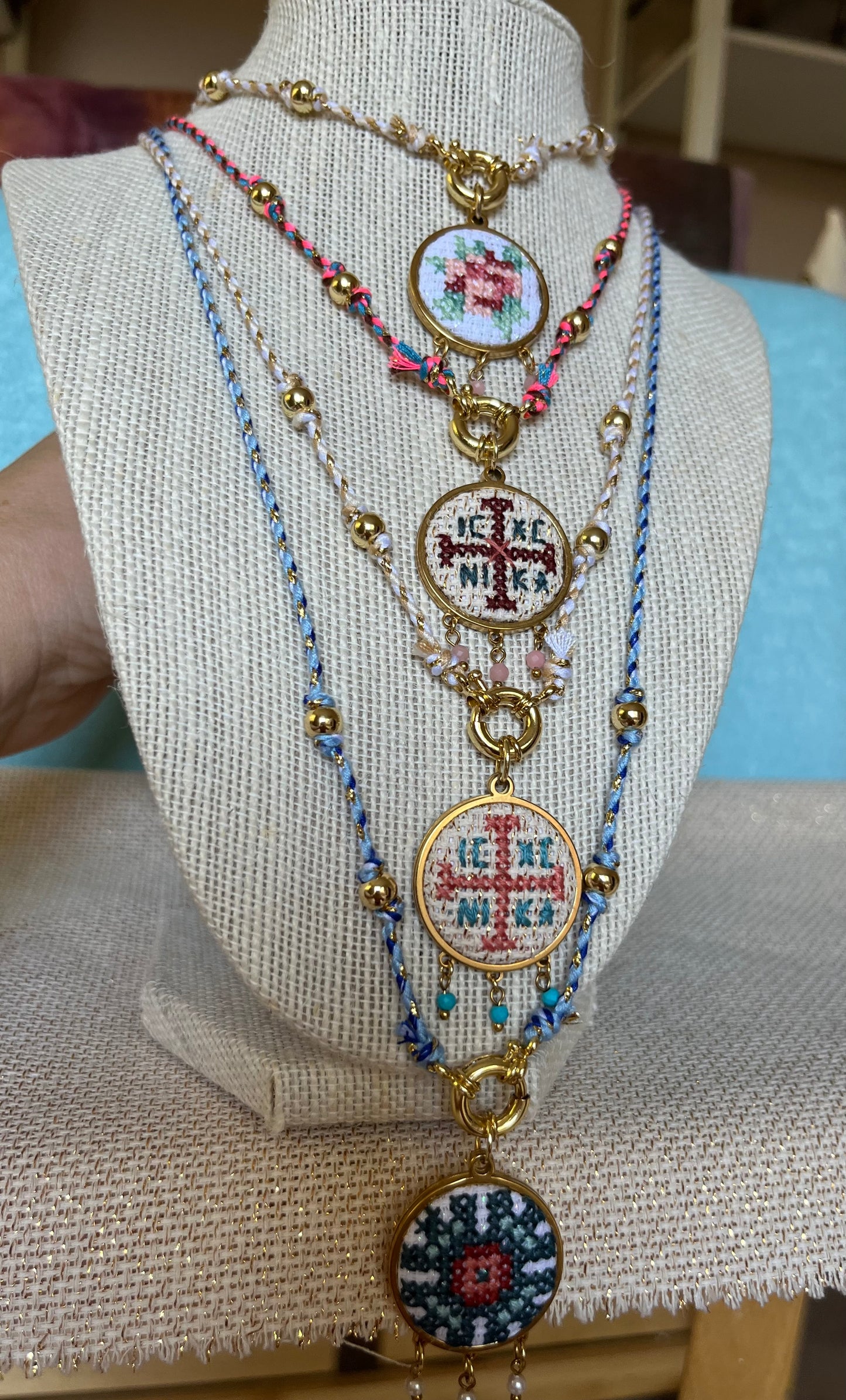 Hand embroidered cross stitch pendant and knotted necklace - decorative cross IC XC NIKA.
