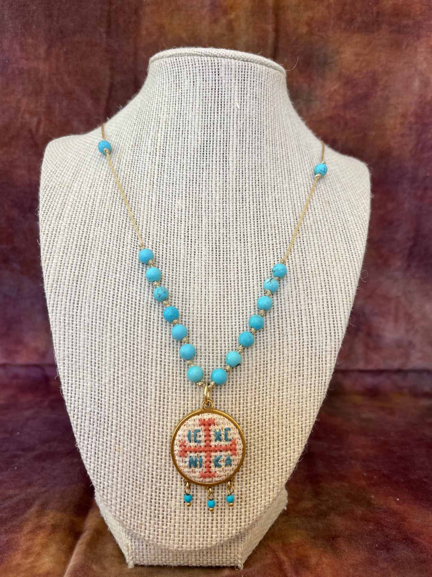 Hand embroidered cross stitch pendant and knotted bead necklace - decorative cross IC XC NIKA.