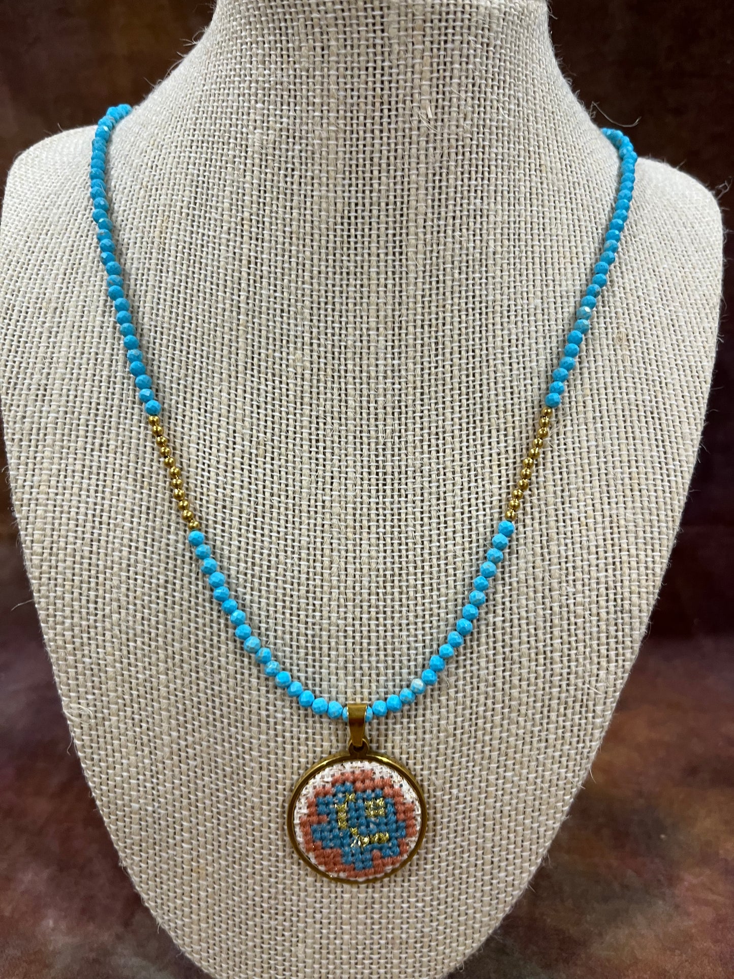 Hand embroidered cross stitch pendant - ‘rose’  and turquoise necklace