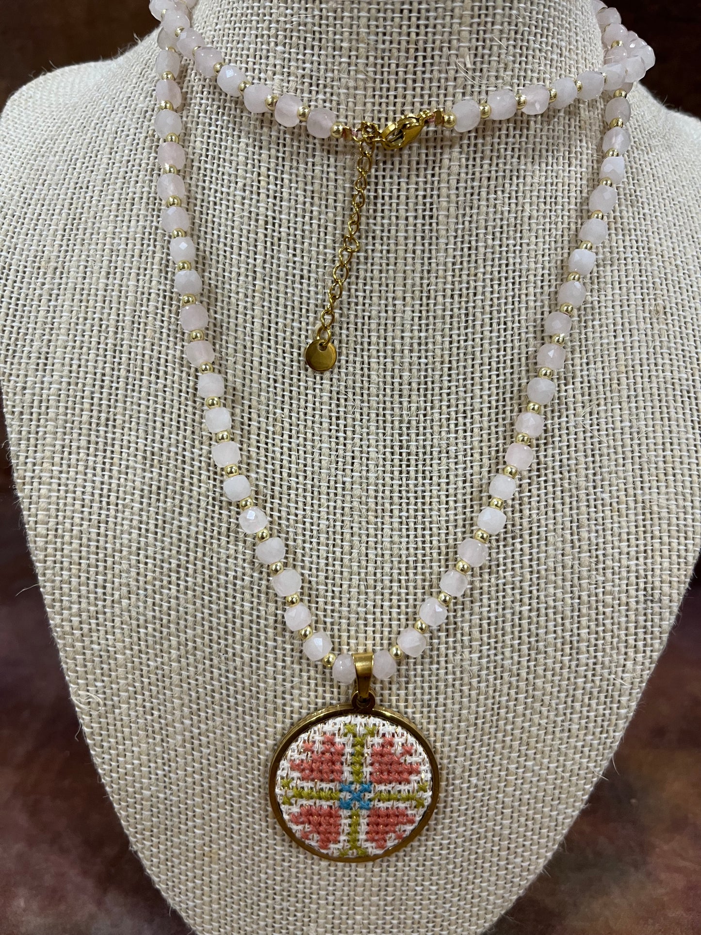 Hand embroidered cross stitch pendant - decorative cross and rose quartz necklace