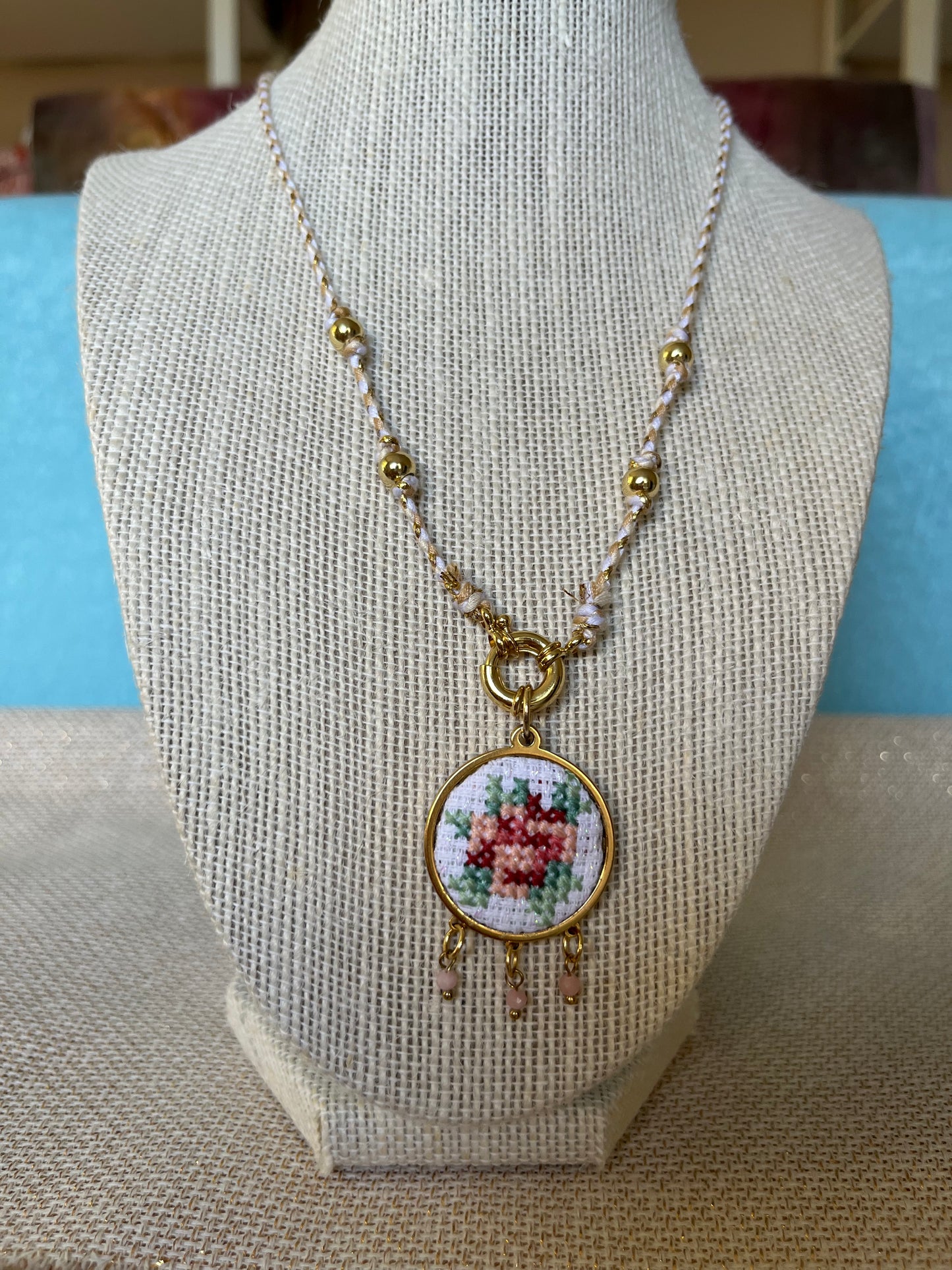 Hand embroidered cross stitch pendant and knotted necklace - rose