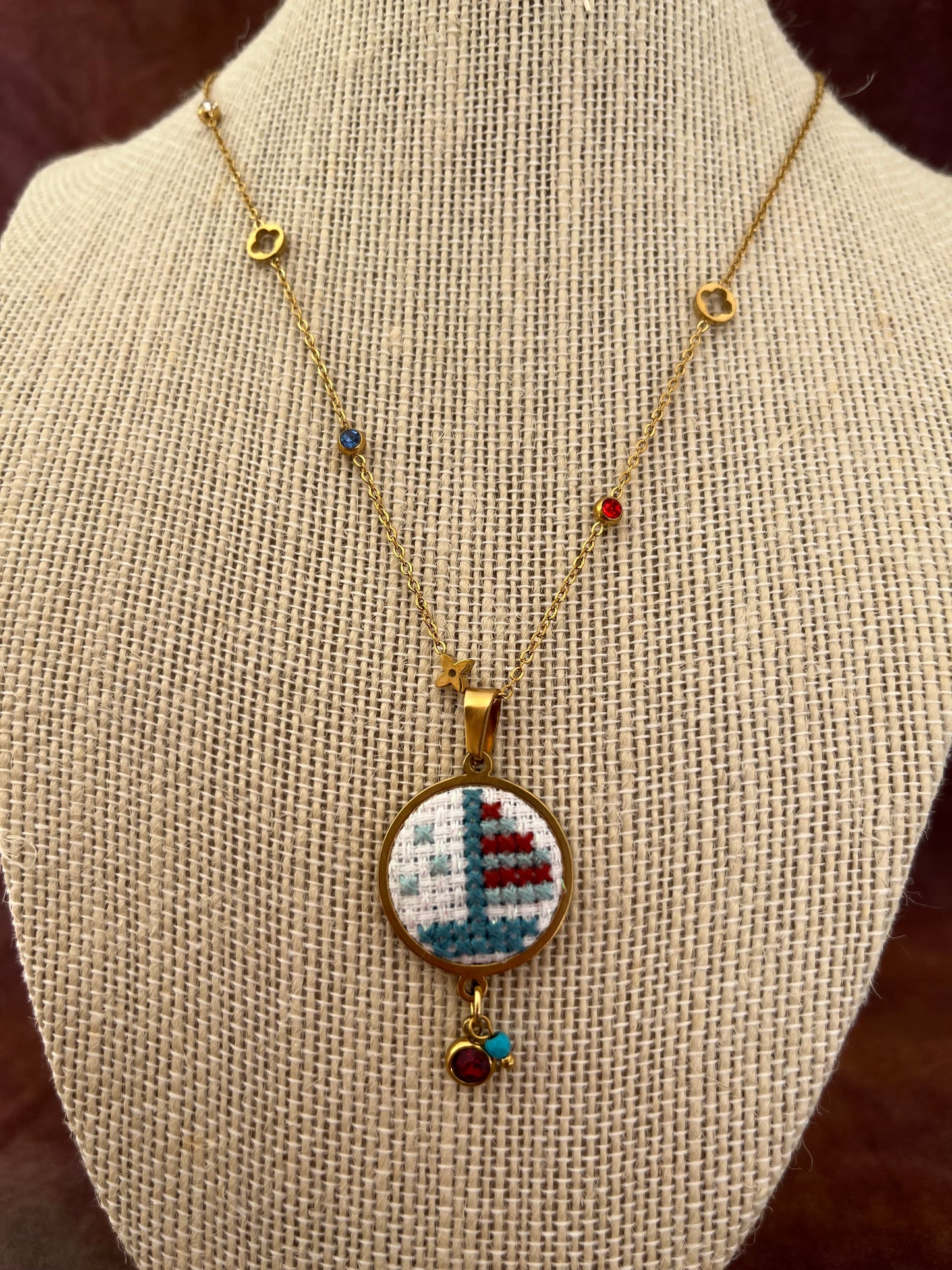Hand embroidered cross stitch pendant and chain - boat with stars