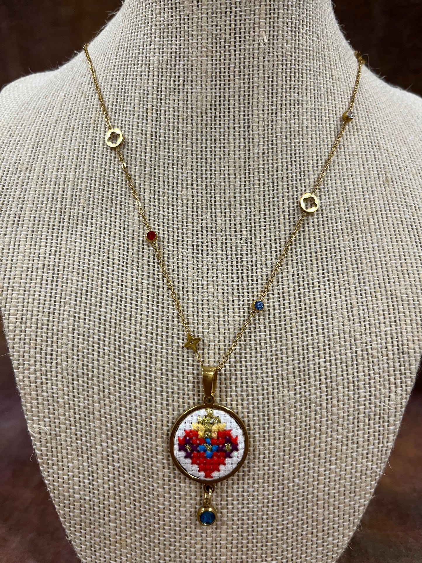 Hand embroidered cross stitch pendant and chain - sacred heart