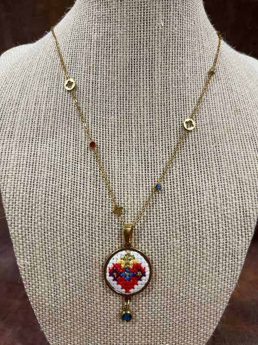Hand embroidered cross stitch pendant and chain - sacred heart