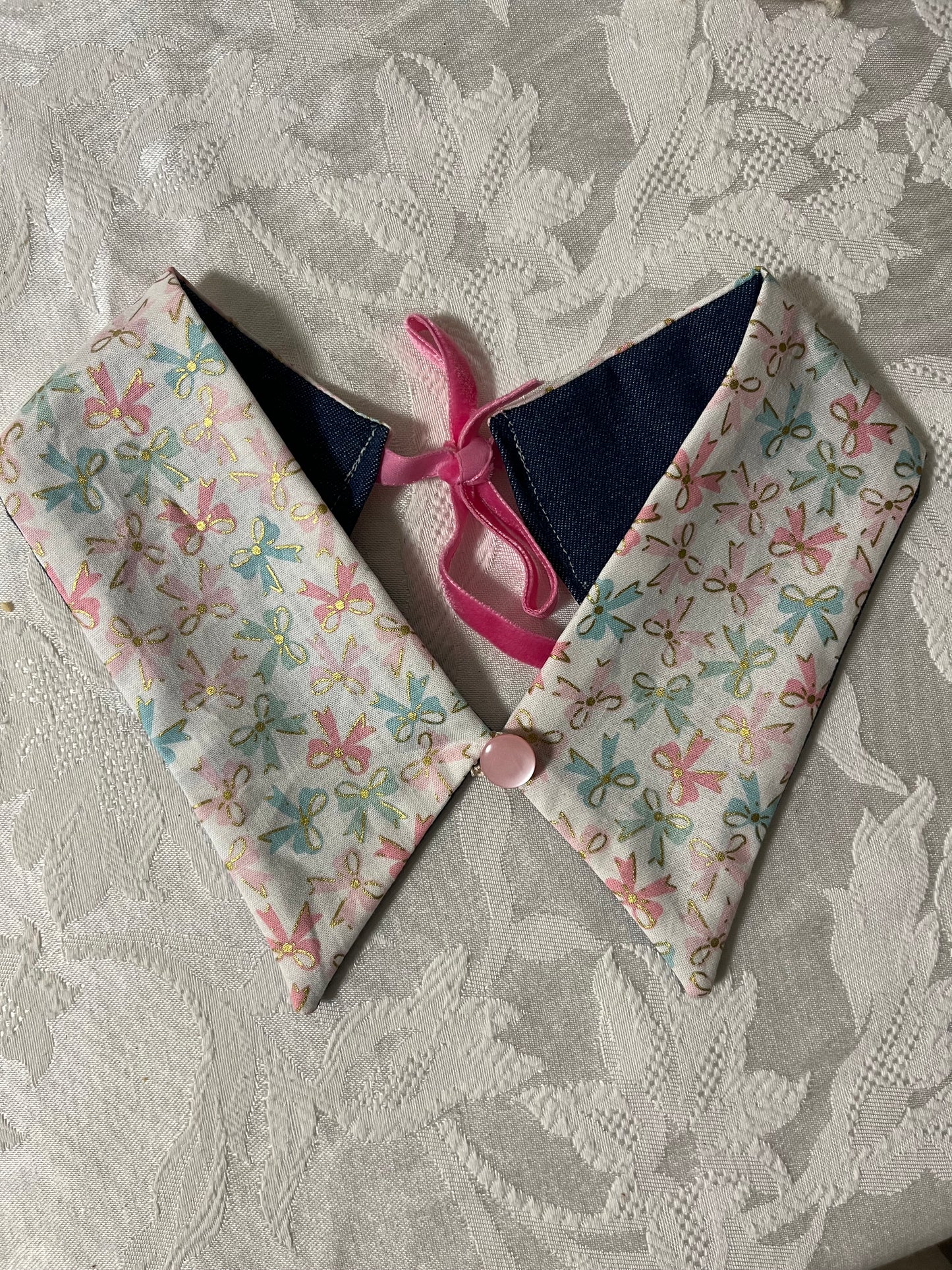 Handmade detachable collars, Christmas trees, Bows, and Vintage embroidery.